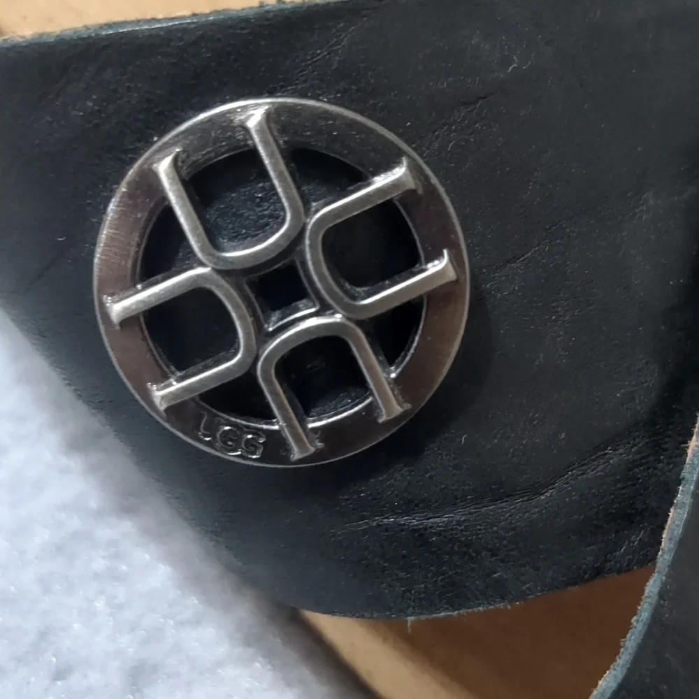 UGG Lyra Cross Cork Wedge Black Leather Sandals Size 8 - Picture 11 of 11